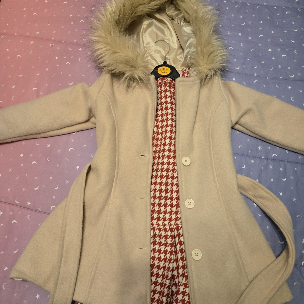 Cream Hooded Coat with Faux Fur And Dress